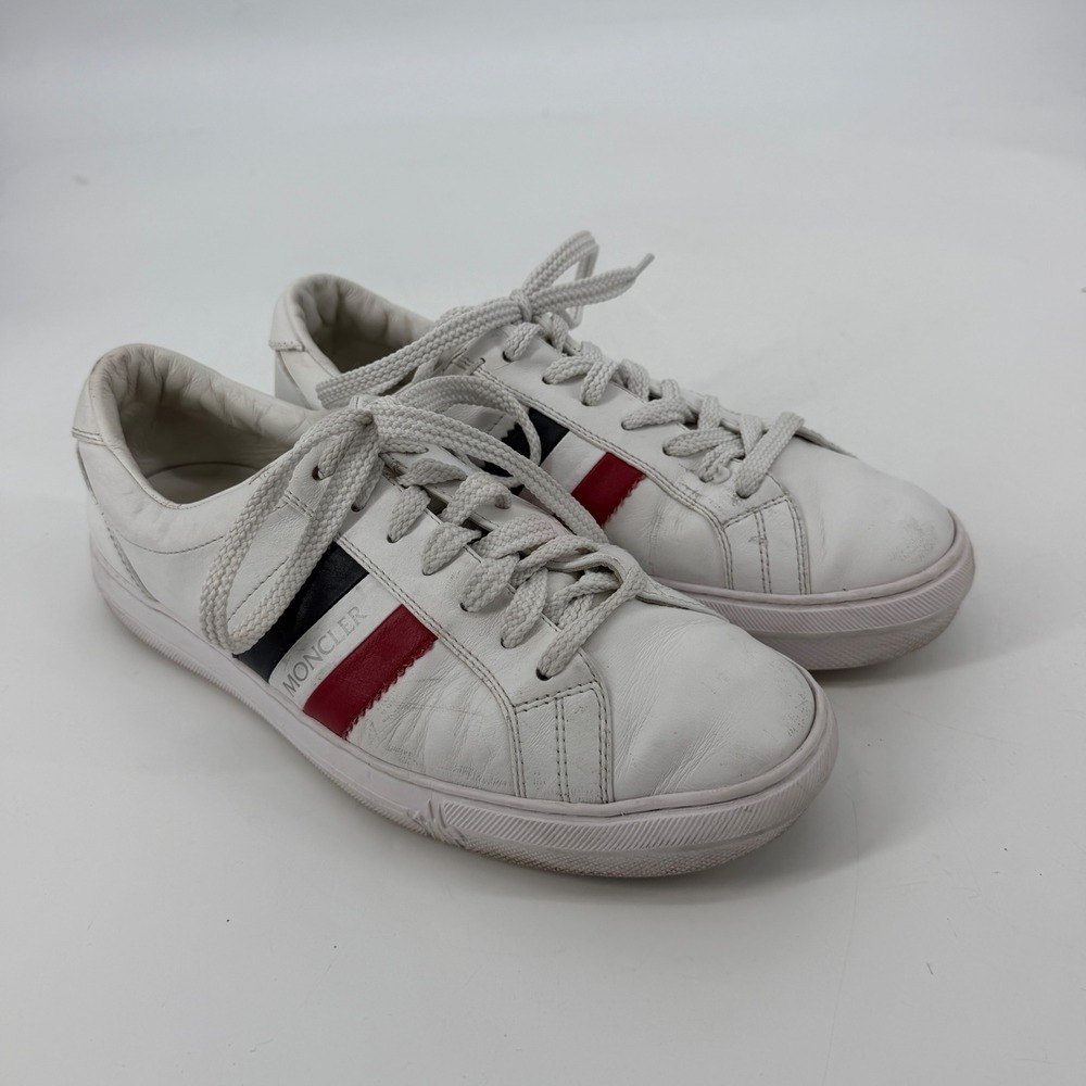 Moncler White Leather Low Top Sneakers Women's‎ 10 EU 41 Red Navy Stripe
